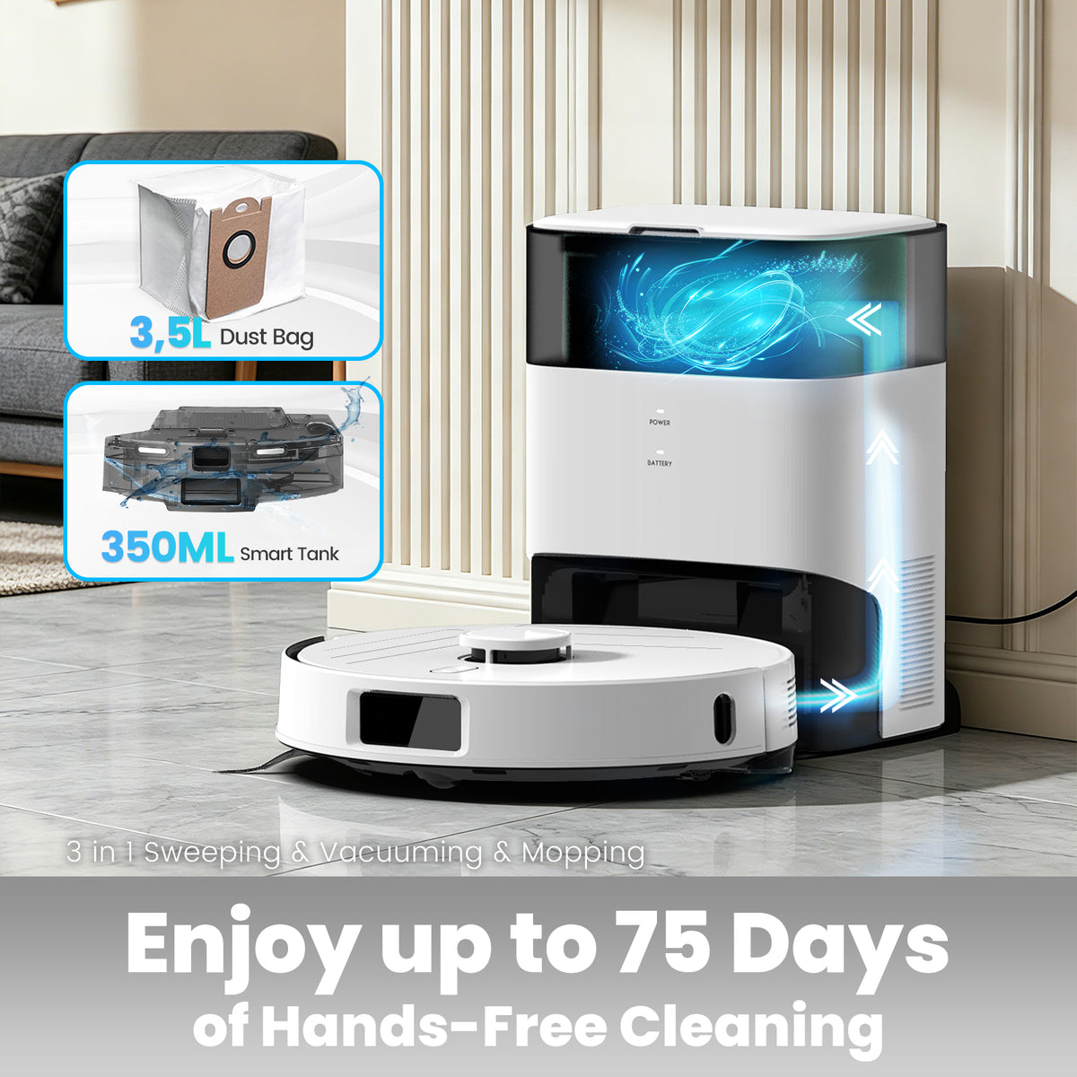 BOTLUXE Robot Vacuum and Mop Self-Emptying with 12,000Pa No-Collision Obstacle Avoidance, Carpet Detection, Anti-Tangle Brushes, 240 Mins, 75-Day Capacity, No-Go Zones, Home Mapping, App/Alexa Control,T30+
