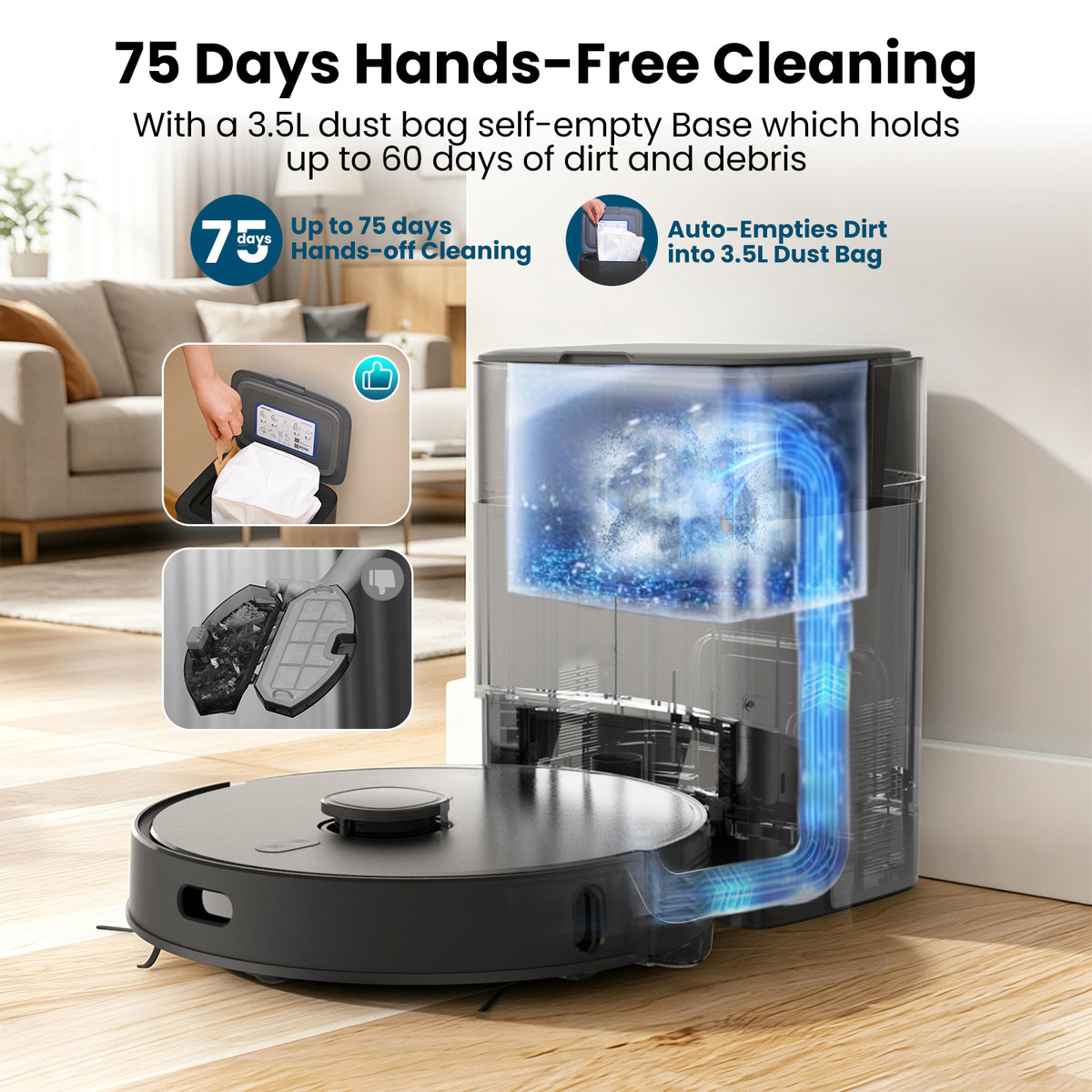 BOTLUXE T20+ Robot Vacuum and Mop Combo Self-Emptying, 6,000Pa Suction Robot Vacuum Cleaner, 75-Day Hands-Free, Home Mapping, APP/Remote Control, 180Mins, Robotic Vacuum for Pet Hair, Carpet, Hard Floor