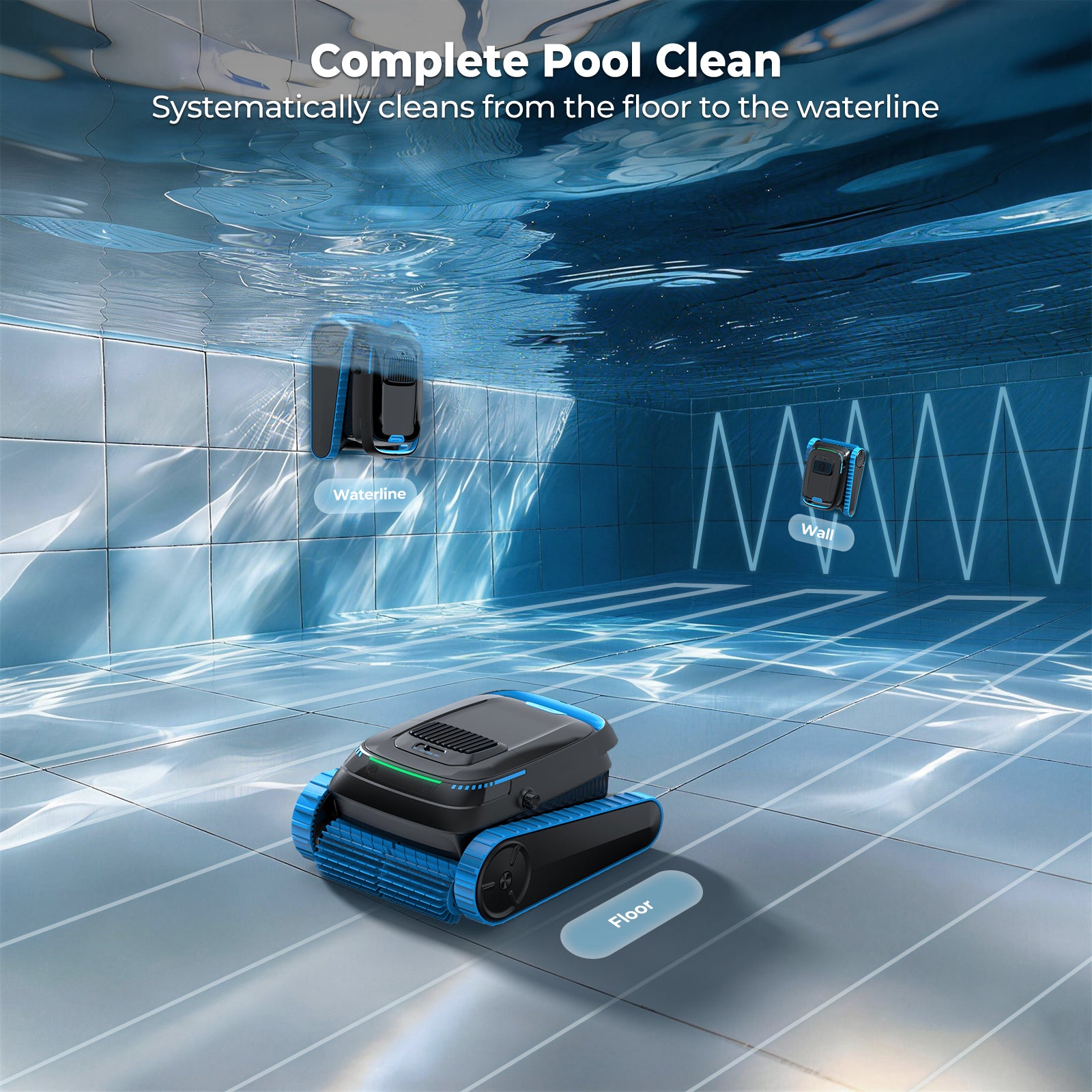 Botluxe PC20 Cordless Robotic Pool Cleaner, 5000 GPH with 150μm Filter, Floor/Wall/Waterline Cleaning, Smart Zigzag Navigation, 5200mAh Battery, App-Controlled Presets for Inground & Above Ground Pools, Deep Blue