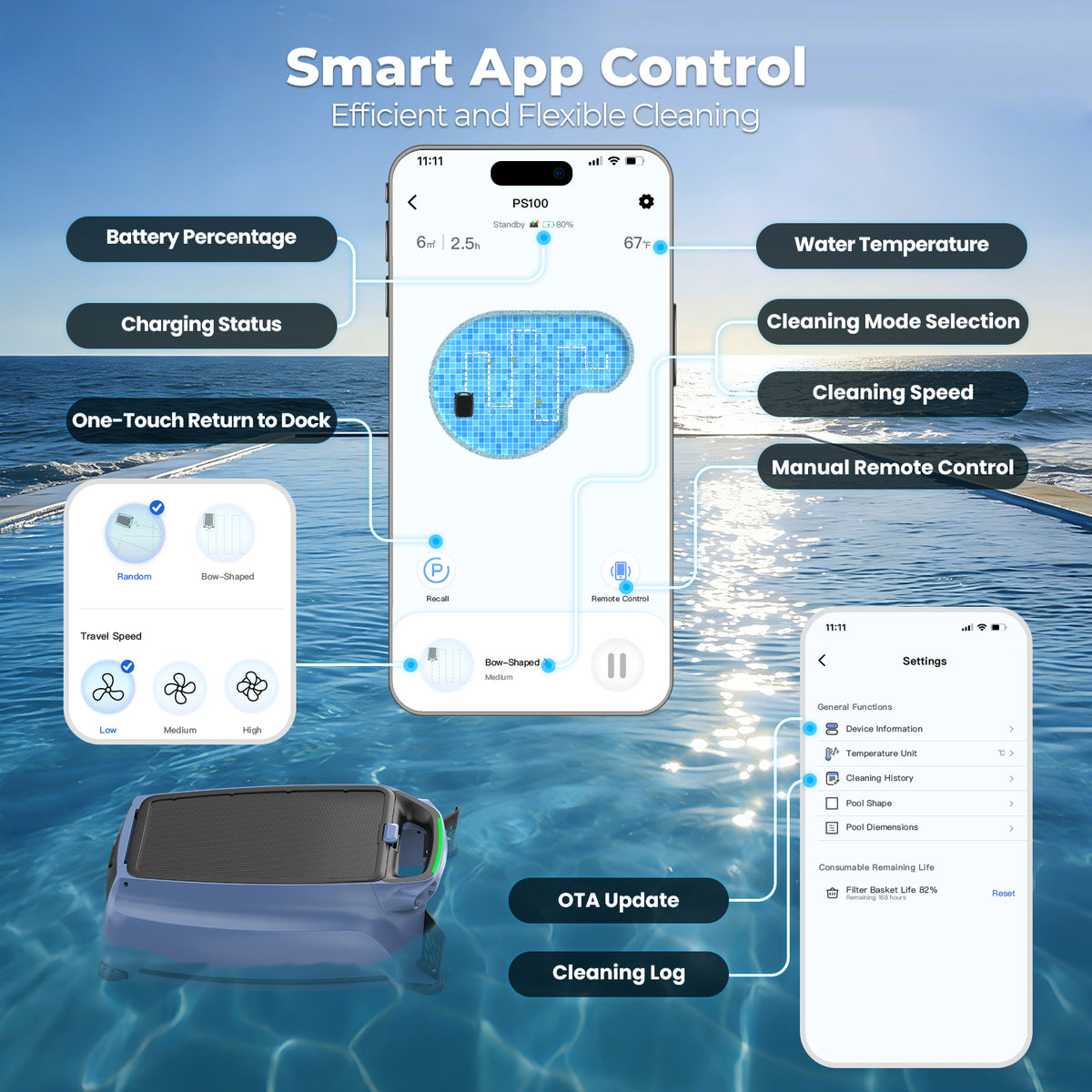 BOTLIFE PS100 Solar Pool Skimmer Robot, Automatic Pool Surface Cleaner with Smart App