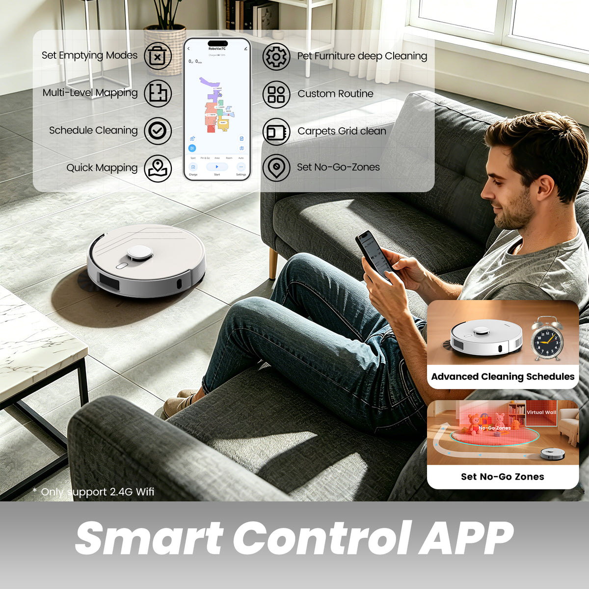 BOTLUXE Robot Vacuum and Mop Self-Emptying with 12,000Pa No-Collision Obstacle Avoidance, Carpet Detection, Anti-Tangle Brushes, 240 Mins, 75-Day Capacity, No-Go Zones, Home Mapping, App/Alexa Control,T30+
