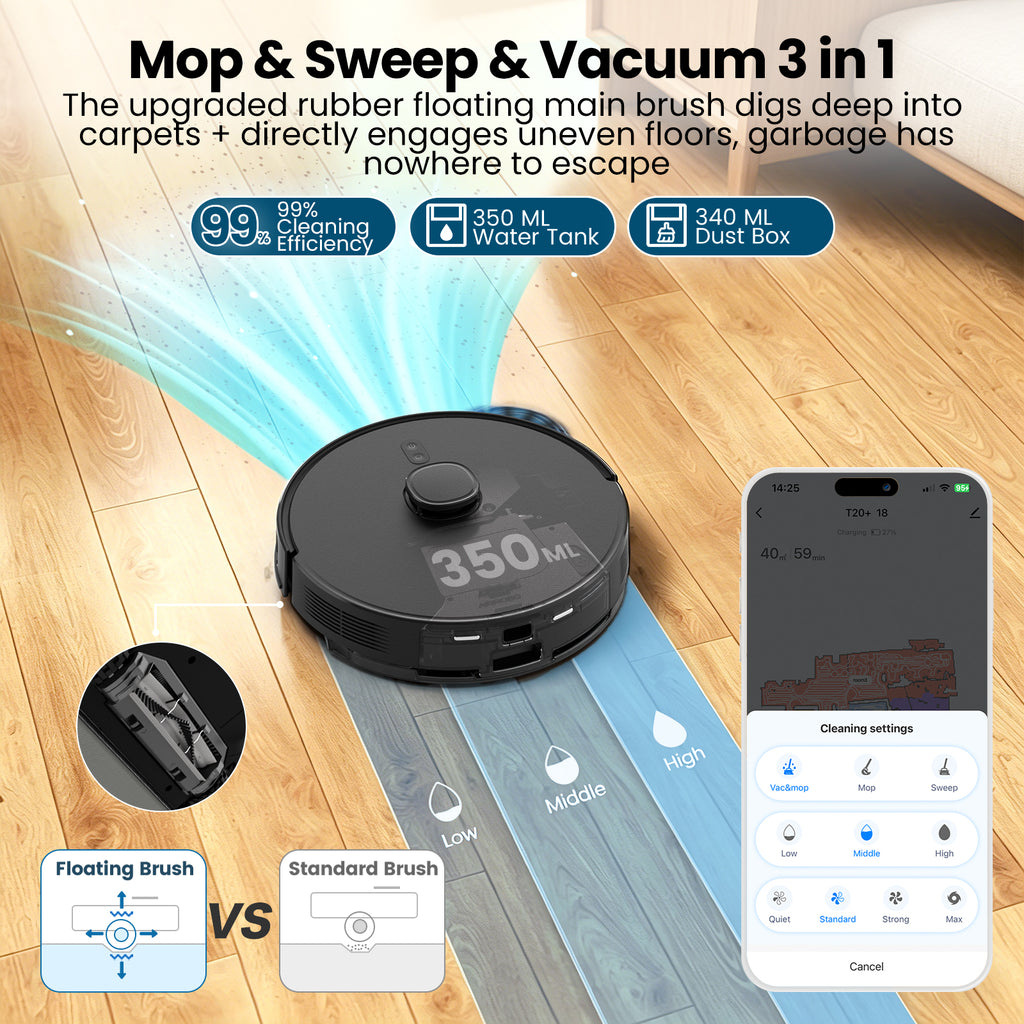 BOTLUXE T20+ Robot Vacuum and Mop Combo Self-Emptying, 6,000Pa Suction Robot Vacuum Cleaner, 75-Day Hands-Free, Home Mapping, APP/Remote Control, 180Mins, Robotic Vacuum for Pet Hair, Carpet, Hard Floor